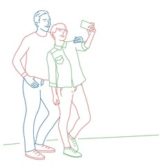 Couple making selfie photo. Colour line drawing vector illustration.