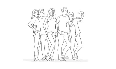 Fototapeta na wymiar Line drawing of people making selfie photo. Vector illustration.