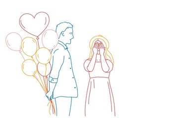 Romantic couple with balloons. Girl in a hat closing her eyes. Colour line drawing vector illustration.