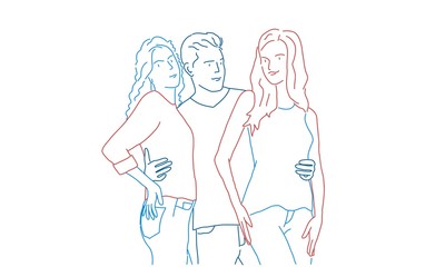 Man hugging two girls. Colour line drawing vector illustration.