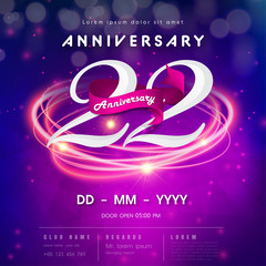 22 years anniversary logo template on purple Abstract futuristic space background. 22nd modern technology design celebrating numbers with Hi-tech network digital technology concept design elements.