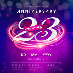 23 years anniversary logo template on purple Abstract futuristic space background. 23rd modern technology design celebrating numbers with Hi-tech network digital technology concept design elements.