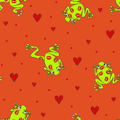 Seamless vector pattern with frogs and love hearts on background. Valentines day animal wallpaper design. Kiss me.