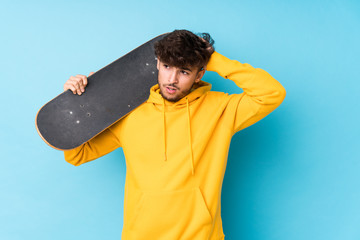 Young arab skater man isolated being shocked, she has remembered important meeting.