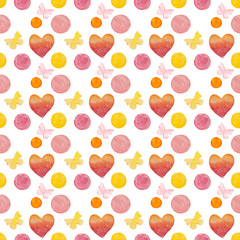 Valentine's Day hearts, watercolor hand painting pink and yellow seamless pattern.