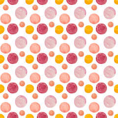 Watercolor round stains dots pattern. Seamless pattern with orange, pink, yellow dots on white background. Hand drawn abstract wallpaper