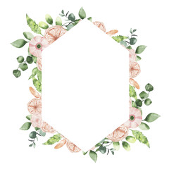 Watercolor Valentines Day floral frame with rose greenery leaves isolated on white background. Floral wreath bohemian boho illustration for wedding invitation save the date card
