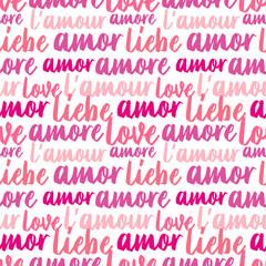 vector seamless pattern of the word love in english, french, german, spanish. Lettering.