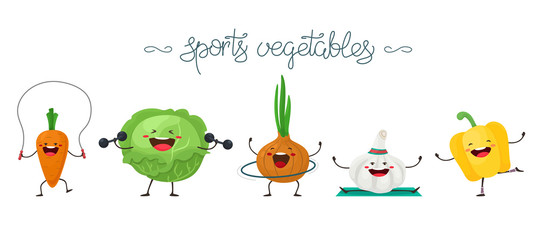 Cute cartoon vegetables go in for sports. Vector isolates in cartoon flat style on a white background.