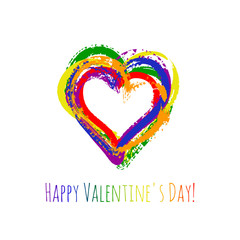 Vector heart made up of  brush stroke. The heart is painted in the colors of the rainbow. Greeting card Happy Valentine's Day.