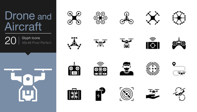 Drone, Aircraft and Aerial icons. Gylph icon design. For presentation, graphic design, mobile application, web design, infographics, UI.