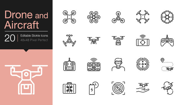 Drone, Aircraft and Aerial icons. Modern line design. For presentation, graphic design, mobile application, web design, infographics, UI. Editable Stroke.