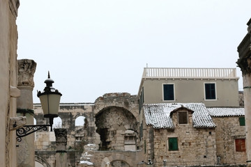 Fototapeta na wymiar Historical and traditional architecture in Split, Croatia, covered in snow. Selective focus.