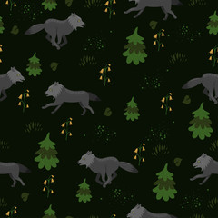 Seamless pattern with wolves in the forest. Vector graphics.