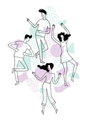 Two girls and two guys dancing at a party. Pastel colors and line.