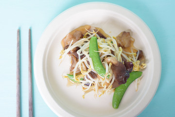 Stir fried bean sprouts, jelly mushroom and green peas