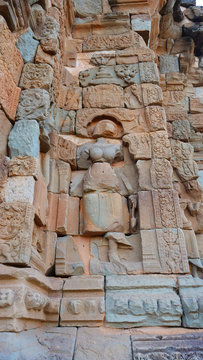 Stone rock carving art ruins in Preah Ko temple in Roluos Angkor Wat complex, Siem Reap Cambodia