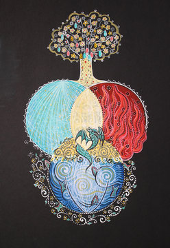 Alchemy elements on black background, water, fire, ear and soil with tree with Easter egg. Easter egg in the center with dragon, Handmade, hand drawn, acrylic paintings 