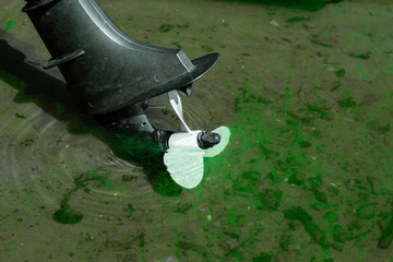 Propeller on outboard motor. White propeller of a small outboard motor in water with green algae