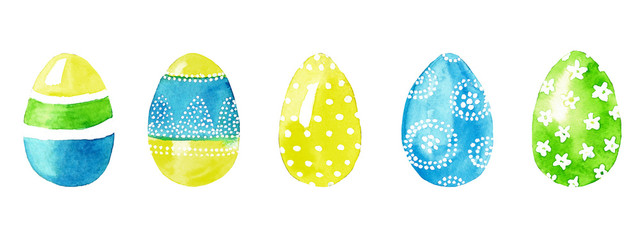Set with watercolor hand drawn multicolored eggs with different texture.