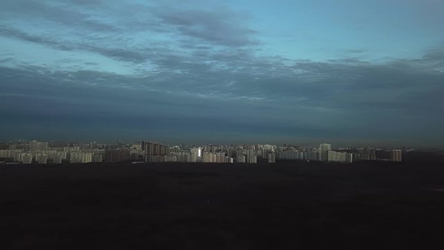 Aerial: Panorama from the air of Moscow at sunset, PAN to left