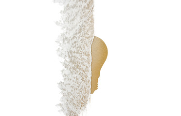 Lamp bulb on the white background. Sea waves and sand. New idea concept.