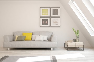 Fototapeta premium Stylish room in white color with sofa. Scandinavian interior design. 3D illustration