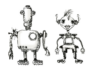 Vintage robots, toy characters. Ink drawing.