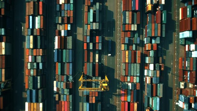 Aerial top down view of a big cargo container terminal