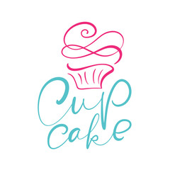 Cupcake vector calligraphic text with logo. Sweet cupcake with cream, vintage dessert emblem template design element. Candy bar birthday or wedding invitation