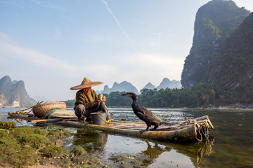 A fisherman and his cormorants on a bamboo raft in Guilin, China