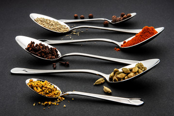 spices in metal spoons on a black background