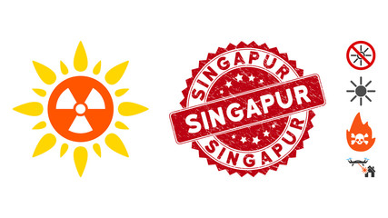 Vector atomic radiation icon and corroded round stamp seal with Singapur text. Flat atomic radiation icon is isolated on a white background. Singapur stamp seal uses red color and scratched texture.