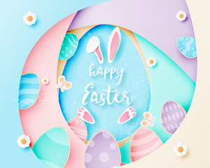 Easter day concept background pastel color in paper cut style. Digital craft paper cut style. Poster, backdrop, banner.
