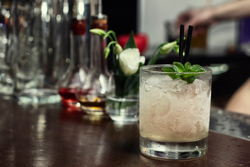 Close up of ice cold modern craft cocktail