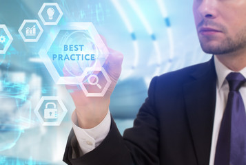 Business, Technology, Internet and network concept. Young businessman working on a virtual screen of the future and sees the inscription: Best practice