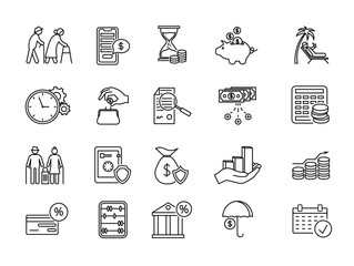 Large set of line drawing icons for pension and retirement planning with financial, banking, charts, graphs, money, old age, pension, planning and credit card over white, vector illustration - obrazy, fototapety, plakaty