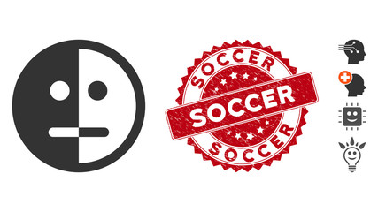 Obraz premium Vector bipolarity face icon and corroded round stamp seal with Soccer text. Flat bipolarity face icon is isolated on a white background. Soccer stamp seal uses red color and dirty surface.