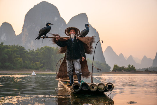 A fisherman and his cormorants on a raft in sunset