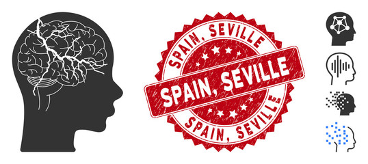 Vector brain carcinoma icon and rubber round stamp seal with Spain, Seville caption. Flat brain carcinoma icon is isolated on a white background. Spain,