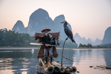 An old fisherman and cormorants on a raft in sunset