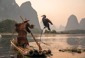 An old fisherman and cormorants on a raft in sunset
