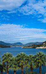 Obraz premium Perfect holiday concept: seascape with palms, blue sea and mountains, selective focus