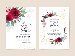 Set of card with flowers. Invitation template set with floral frame and arrangements. Roses and leaves botanic illustration for wedding card, background, save the date, greeting, poster, cover vector