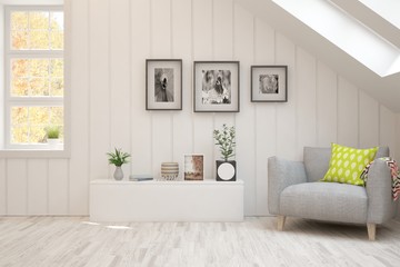 White stylish minimalist room with armchair and autumn landscape in window. Scandinavian interior design. 3D illustration