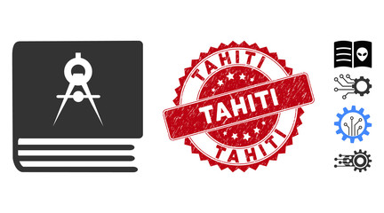 Vector engineering book icon and corroded round stamp seal with Tahiti phrase. Flat engineering book icon is isolated on a white background. Tahiti stamp seal uses red color and distress texture.