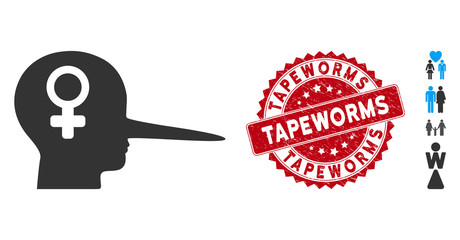 Vector female scammer icon and rubber round stamp seal with Tapeworms caption. Flat female scammer icon is isolated on a white background. Tapeworms stamp seal uses red color and rubber design.