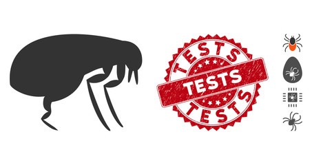 Vector flea icon and grunge round stamp watermark with Tests phrase. Flat flea icon is isolated on a white background. Tests stamp uses red color and grunge surface. Bonus icons are added.