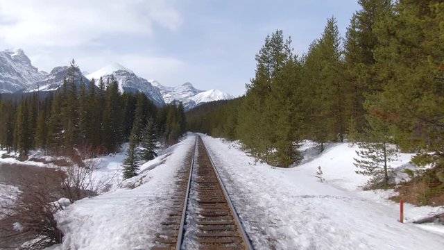 AERIAL: Flying along a railway leading through the woods under the wintry mountains. Spectacular drone view of a spruce forest stretching out into the distance towards snowy mountains of Alberta.