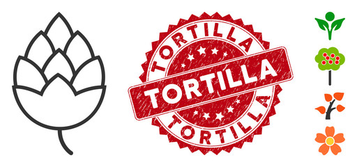 Vector hop bud icon and corroded round stamp seal with Tortilla phrase. Flat hop bud icon is isolated on a white background. Tortilla stamp seal uses red color and grunged surface.